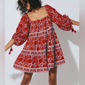 Cleobella Hattie Mini Dress Organic Cotton Lined Red Floral Size Small